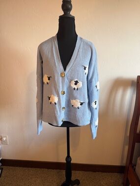 Light Blue Sheep Knit Cardigan with Gold Buttons